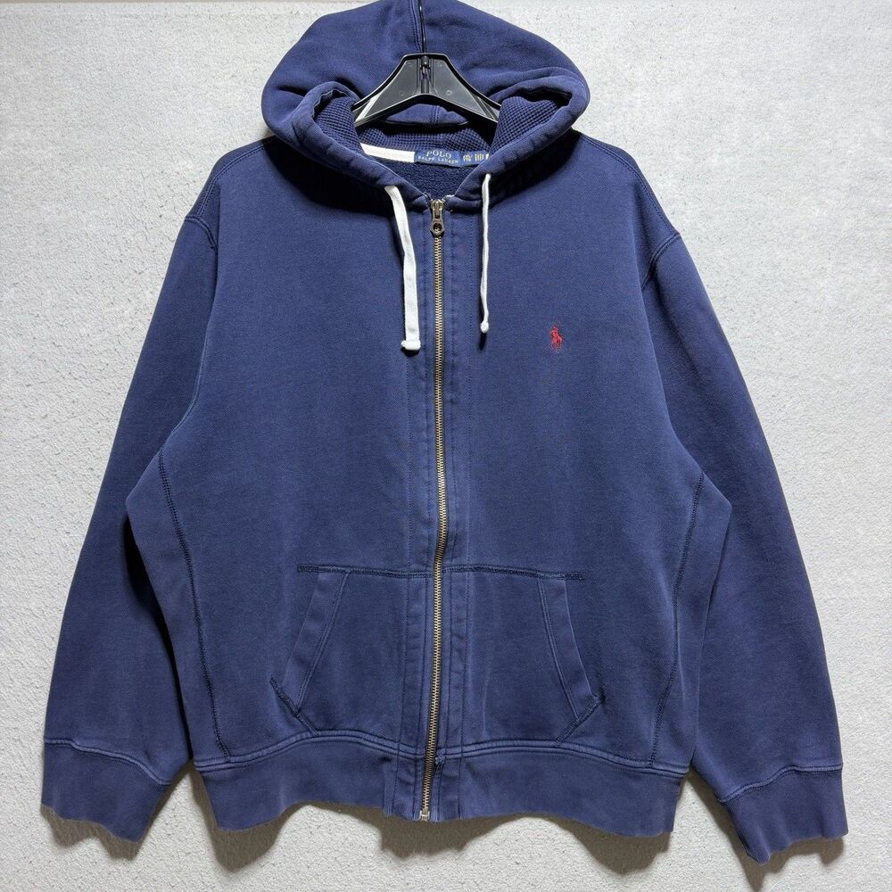 Vintage Polo Ralph Lauren Heavyweight Thick Thermal Zip Hoodie Navy Blue Men 2XL